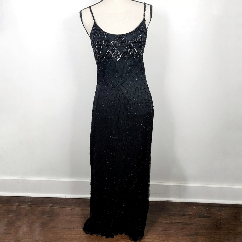 Vintage Handcrafted Spaghetti Strap Beaded Silk Evening Cocktail Maxi Dress XS/S